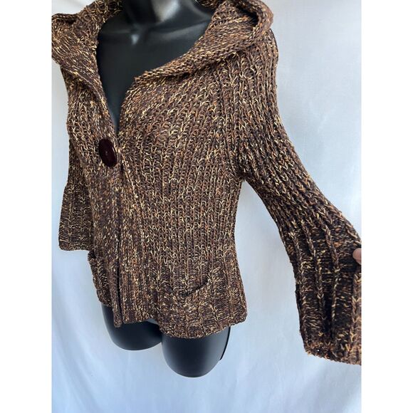 BCBG Max Azria Y2K Chunky Knit Brown Cardigan Sweater S Hooded Retro 3/4 Sleeve - Picture 4 of 12